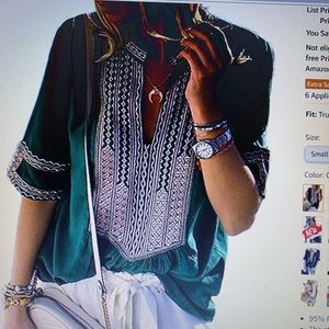 Green casual boho embroidered V neck blouse.